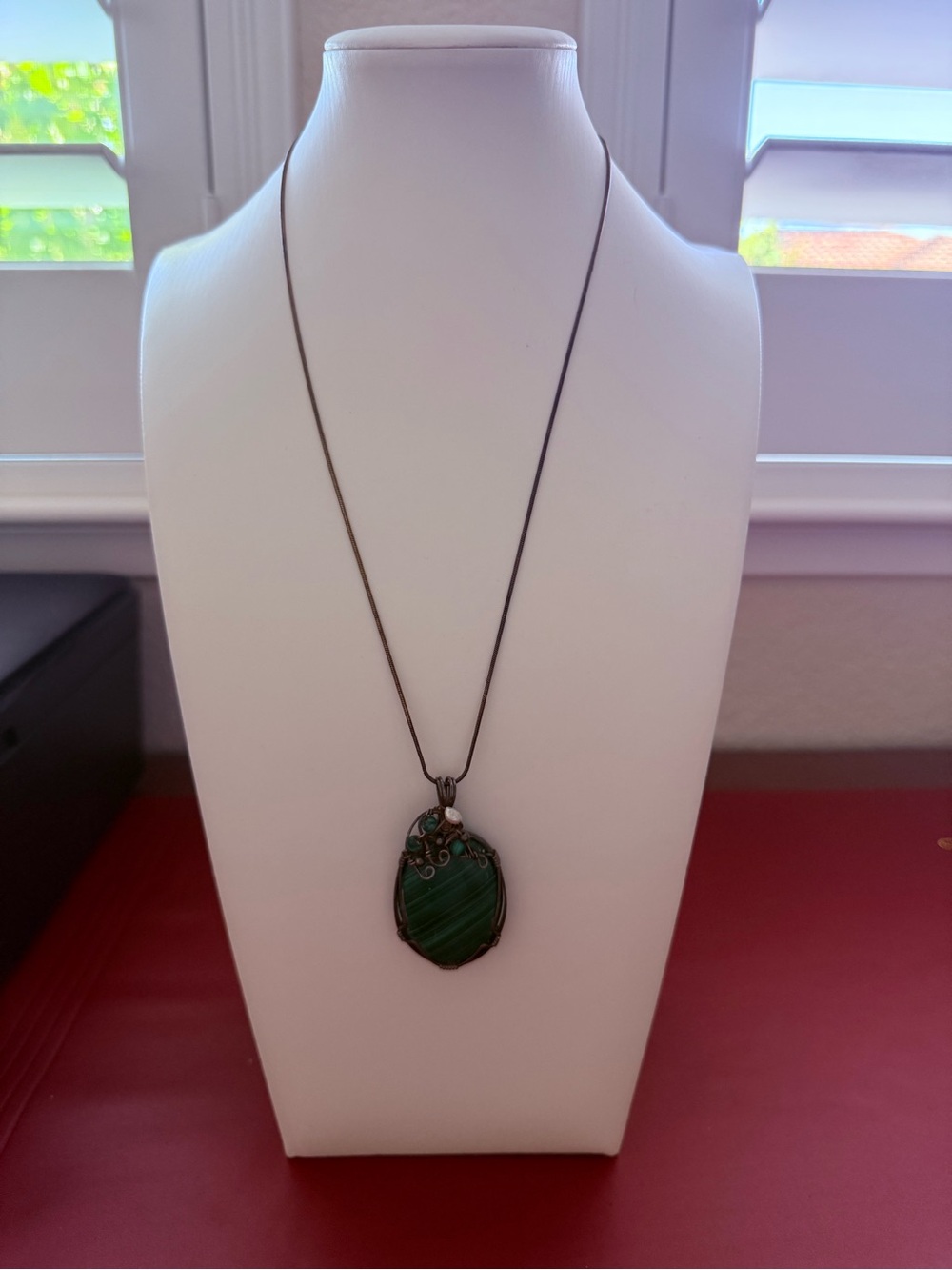 Artisan Large Green Malachite Necklace Pendant wrapped in Sterling Silver Wire.